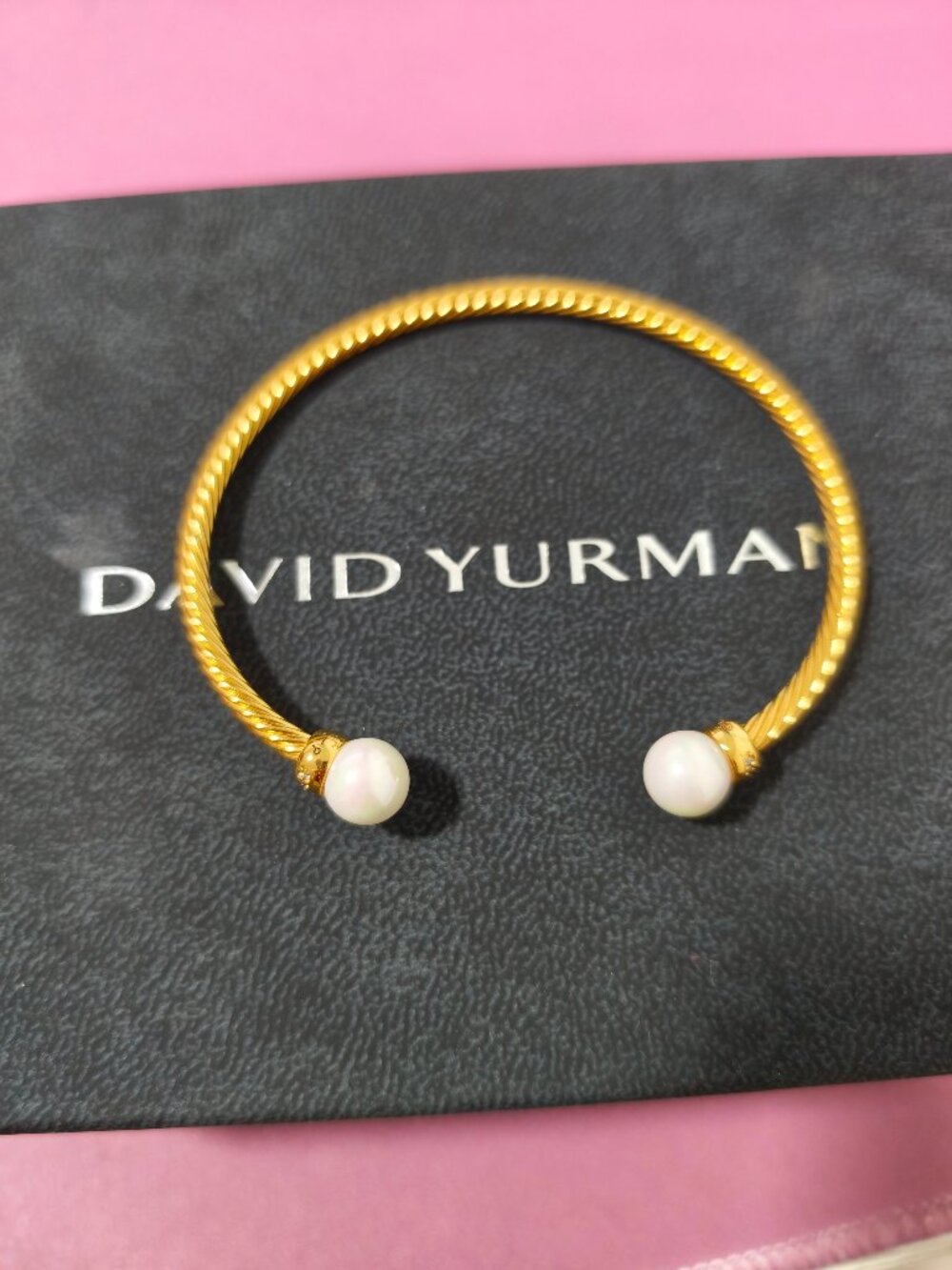 David Yurman Gold Cable Cuff Bracelet with White Pearl Ends